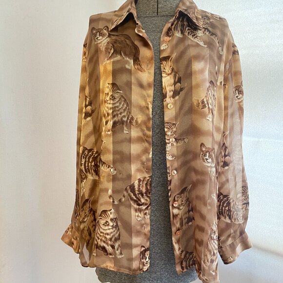 Vintage Bon Worth sheer panel kitten shirt/shacket - Picture 1 of 11